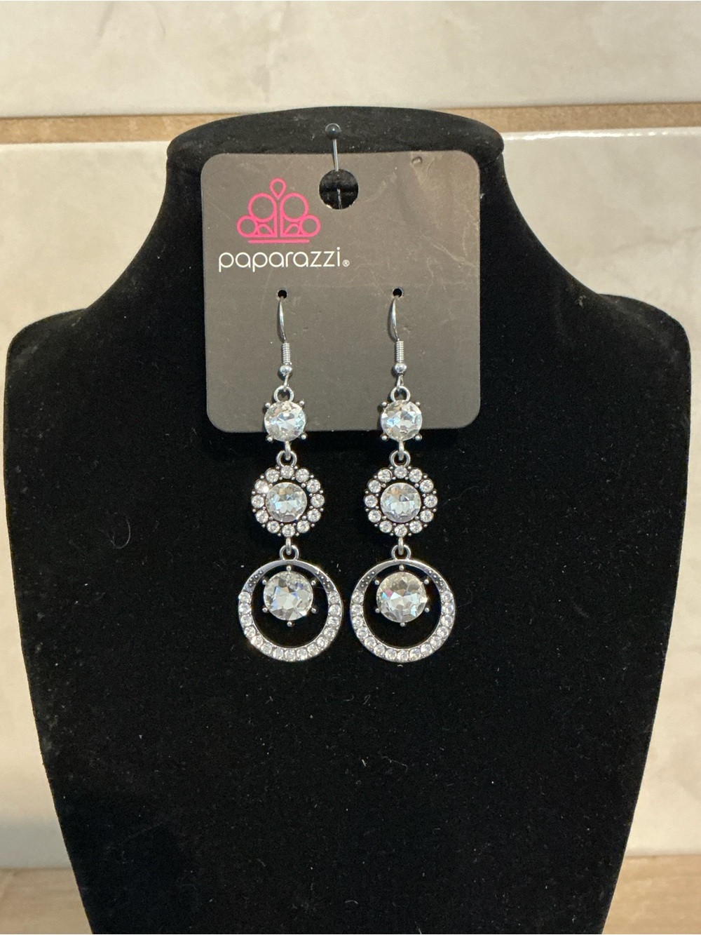 Paparazzi Silver Sparkling Crystal Triple Drop Earrings